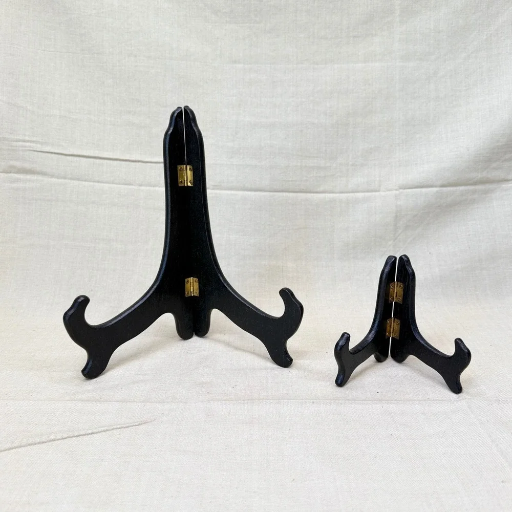 Vintage Folding Wood Display Easels Set of 2 Black Plate Stands Frame Holders